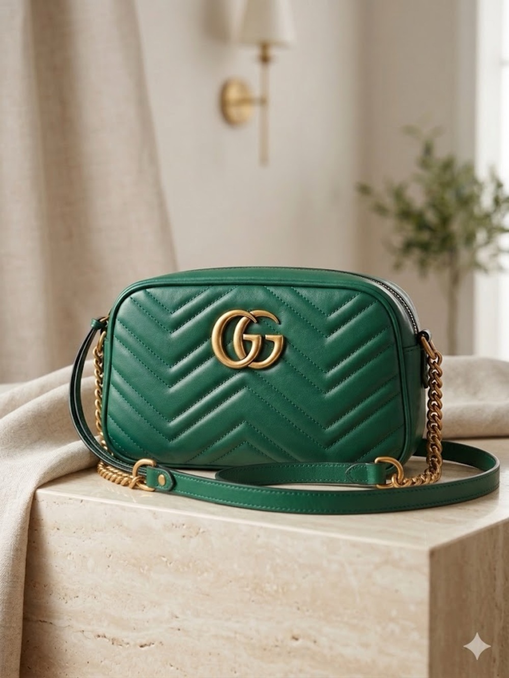 ✨ GUCCI Emerald Green Matelassé Leather Small GG Marmont Camera Bag